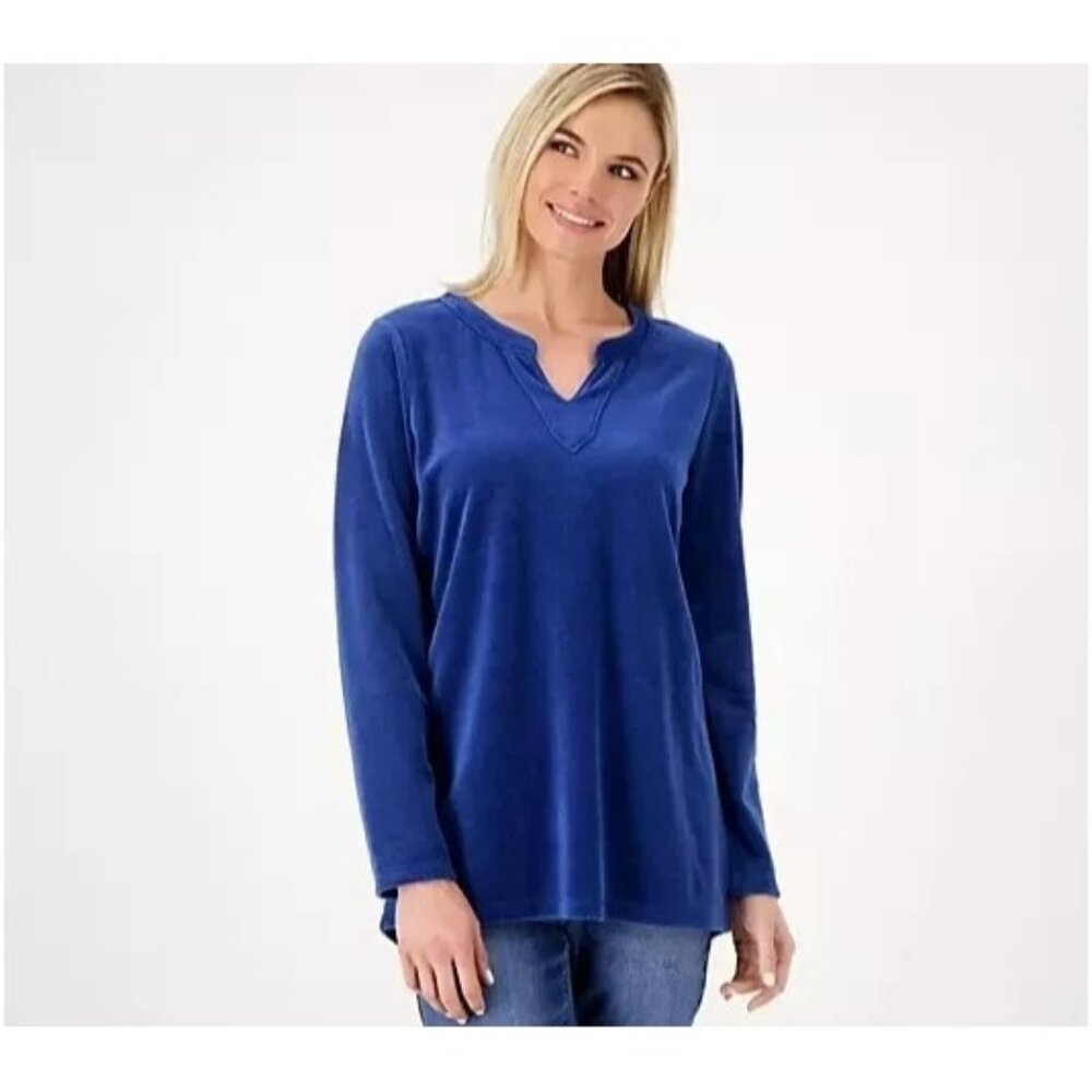 Denim and Co Regular Velour Split Banded V Neck Hi Low Tunic XS Cobalt Blue NEW